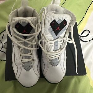White and Gray Jordon Sneakers with Red Logo